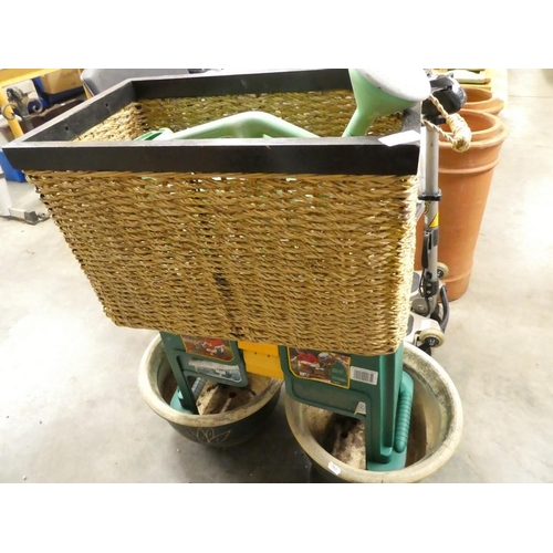 73 - 2 Glazed Pottery Plant Pots, Garden Kneeler, Watering Can & Seagrass Box