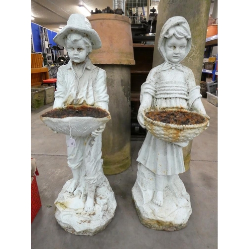 90 - Pair Cast Iron Painted Figural Bird Baths