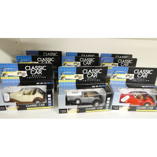 1063 - Nine Boxed Classic Car Plastic Diecast Vehicles.