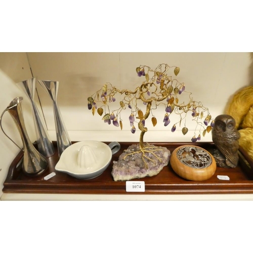 1074 - Tray Lot - Resin Owl, Lemon Juicer, Bud Vases etc.