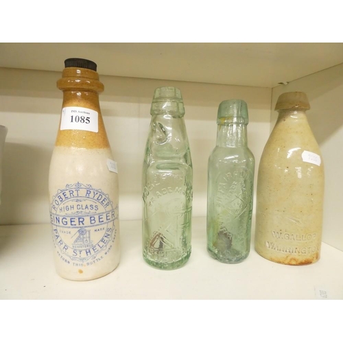 1085 - Robert Ryder St Helens Stone Ginger Beer Bottle, Matching Glass Codd Bottle & Two Others.