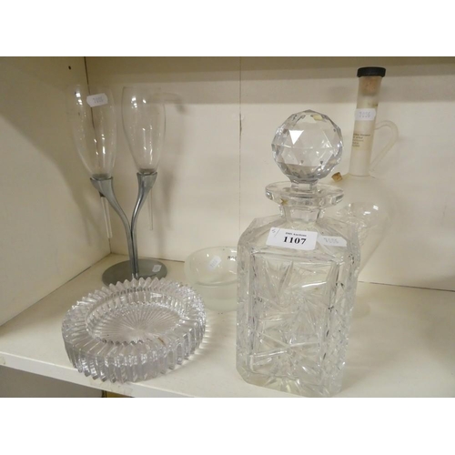 1107 - Cut Glass Whisky Decanter, Moet Chandon Glasses on Stand & Ashtray etc.