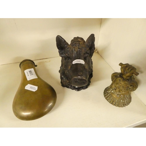 1108 - Boars Head Inkwell, Brass Shot Flask & Brass Bell.