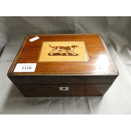 1118 - Antique Tunbridge Box, the lid with gundog decoration.