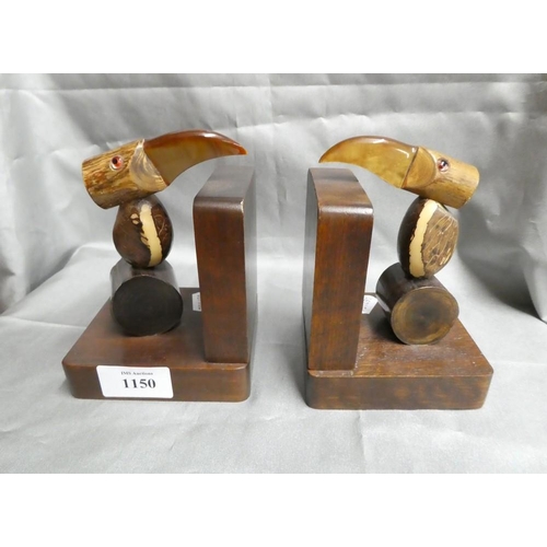 1150 - Pair Of Bird Decorated Wooden Bookends.