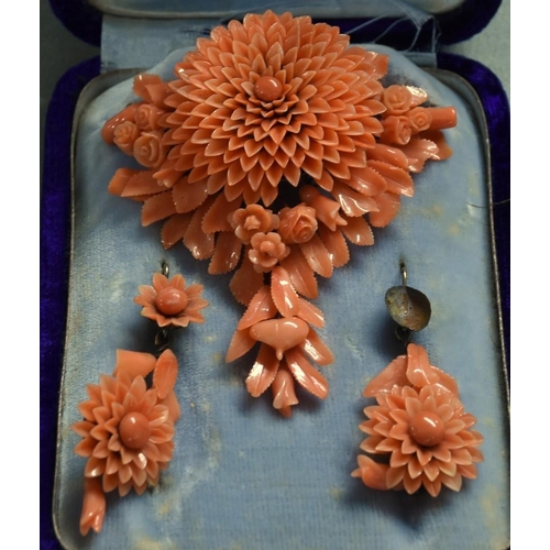 2610 - Late Victorian Coral Brooch & Matching Earrings.