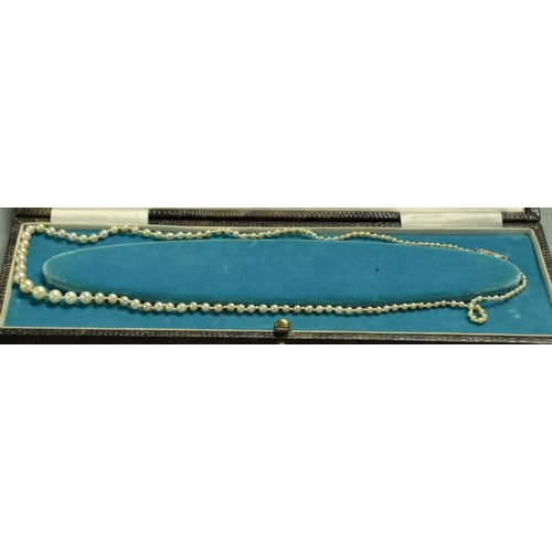 2612 - Strand of Antique Graduated Pearls. Length 50cms. The White Metal Fastener is set with 4 x Cushion C... 