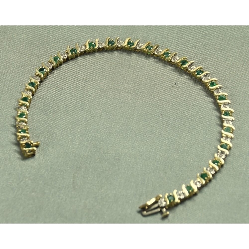 2613 - 14ct Emerald and Diamond Line Bracelet, 185mm.  Gross 8.1gms