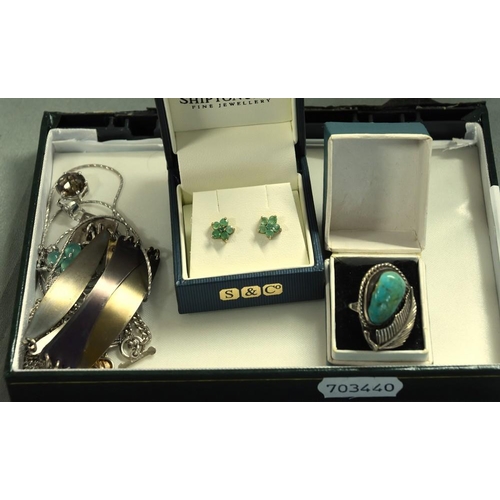 2623 - Silver Items including Navajo Ring, Emerald Earrings etc