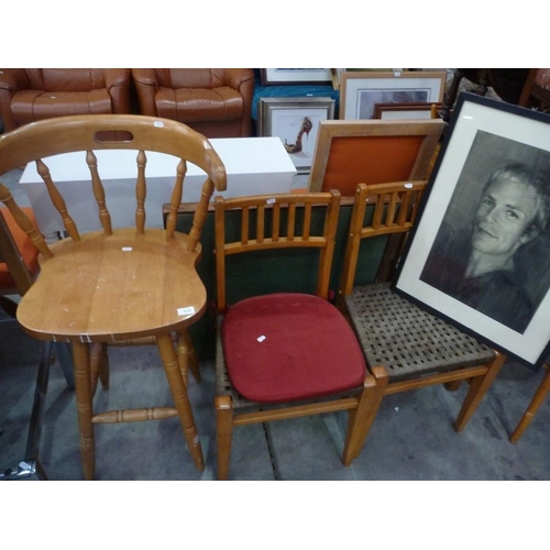 3114 - Beech Bar Stool, Pair of Vintage Dining Chairs and Charcoal Drawing of a Self Portrait