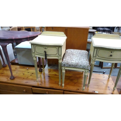 3130 - Pair Continental Bedside Cabinets, Dressing Stool and Painted Half Moon Table