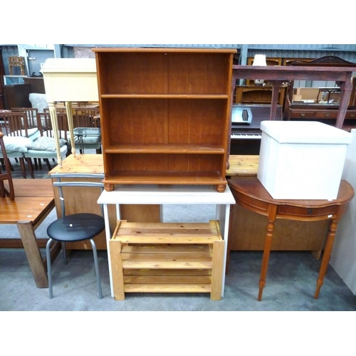 3151 - Bookcase, Pine Shoe Rack, Chair, Fold-Out Table, Storage Box & Half Moon Table