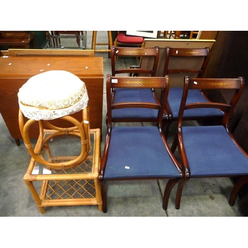 3158 - Four Sabre Leg Dining Chairs, Bamboo Glass Top Table and Stool.