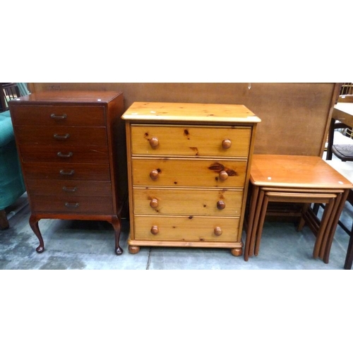 3169 - 4 Drawer Pine Chest, Mahogany Music Cabinet & Teak Nest of 3 Tables