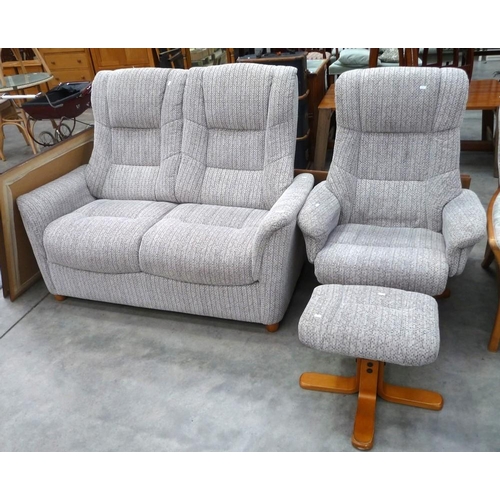 3182 - 2 Seat Oatmeal Upholstered Sofa, Swivel Chair & Footstool