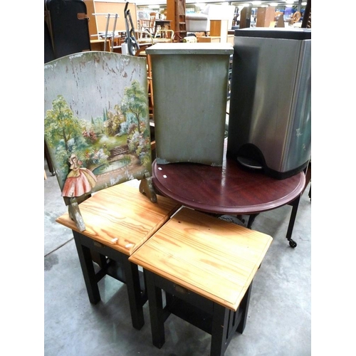 3199 - Pair Of Painted Bedsides, Pedal Bin, Linen Box & Fire Screen