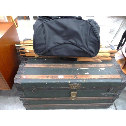 3209 - Vintage Metal Bound Trunk, Vintage Camp Bed & Suitcase