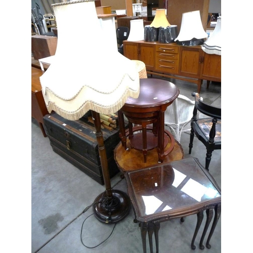 3210 - 2 Mahogany Nest Of 3 Tables, Circular Coffee Table & Standard Lamp & Shade