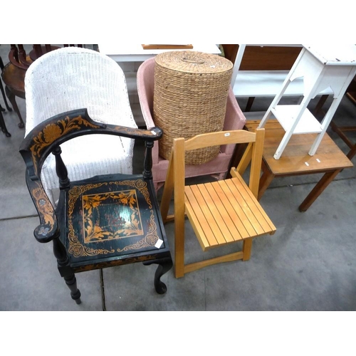 3220 - School Desk, Plant Stand, Bookcase, Seagrass Linen Box, Wicker Chairs, etc