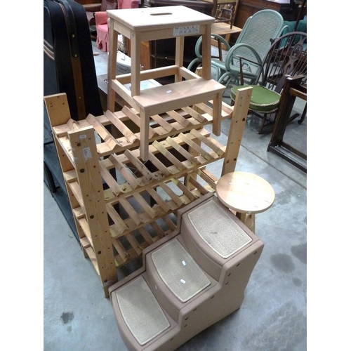 3234 - Pine Wine Rack, Revolving Bar Stool & 2 Sets of Steps