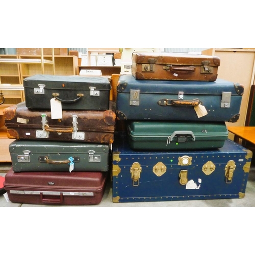 3237 - Metal Bound Trunk & Assorted Suitcases