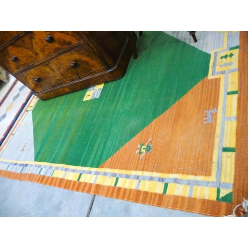 3245 - Fringed and Bordered Woolen Rug on Green and Orange Brown 173cm x 235cm