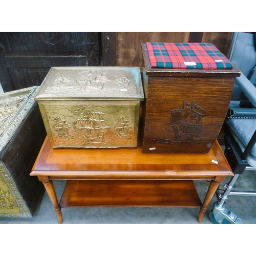 3279 - Yew Coffee Table, Brass Coal Box & Plaid Upholstered Storage Stool