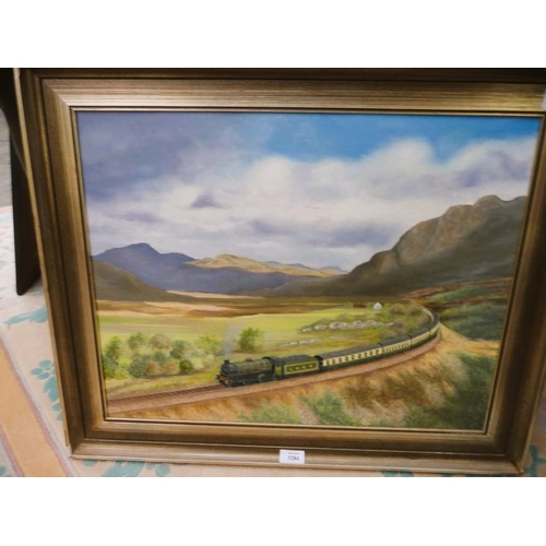 3284 - Framed Oil Painting - NER Locomotive Travelling Through Highland Landscape, signed J Abernethy, appr... 