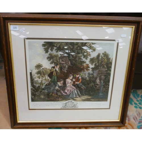 3290 - Framed French Engraving - Figures in Landscape, approx 47 x 39cm.