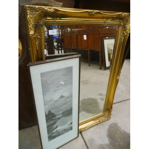 3317 - Gilt Framed Bevelled Wall Mirror & 2 Prints