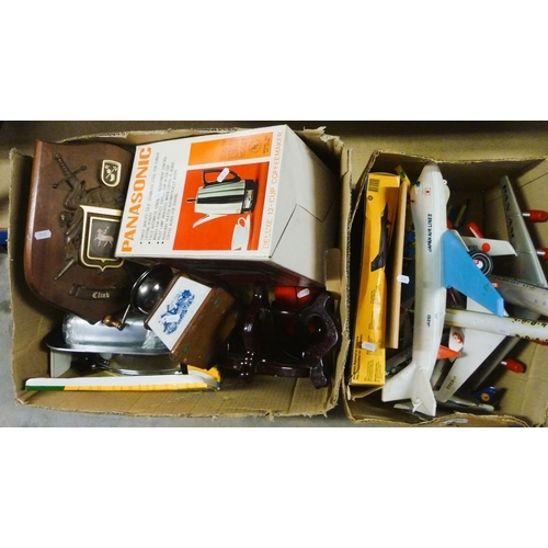 3579 - 2 Boxes - Model Airplanes, Chinese Hardwood Stand, Coffee Grinder, Fabric Picture etc