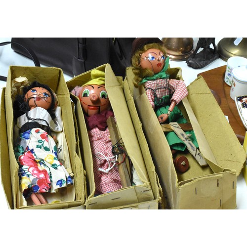 1484 - Six Boxed Pelham Puppets - Gypsy, Clown, Tirolean Boy, Horse, Girl & Cow Girl.