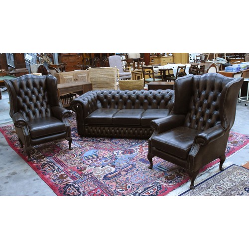 3145 - Brown Leather Chesterfield Style 3 Seat Sofa & 2 Club Chairs