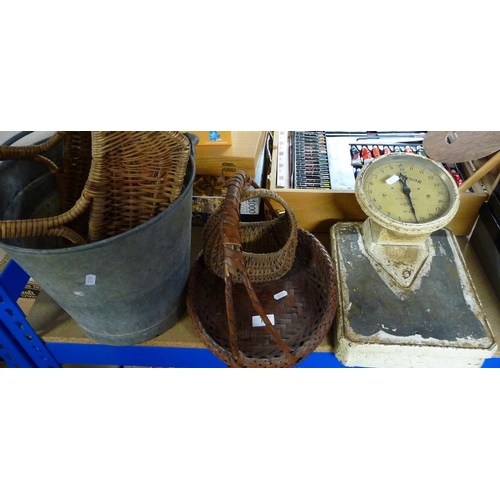 184 - Galvanised Bucket, Bathroom Scales, Assorted Wicker Baskets