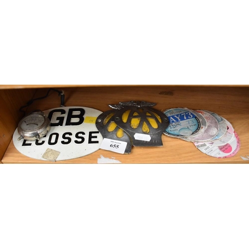 655 - Selection of Motor Tax Discs & Two AA Badges with a GB Ecosse Car Badge & early Voltmeter