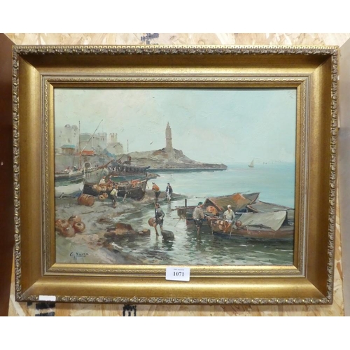 1071 - Framed Oil on Board - Mediterranean Harbour Scene, approx 39 x 29cm, indistinct Signature.