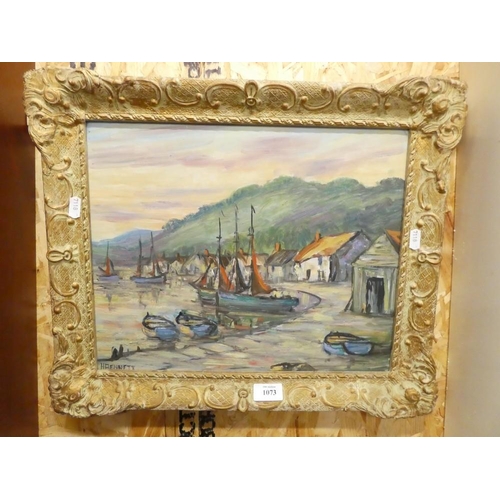 1073 - Framed Oil Painting - Fishing Village entitled 