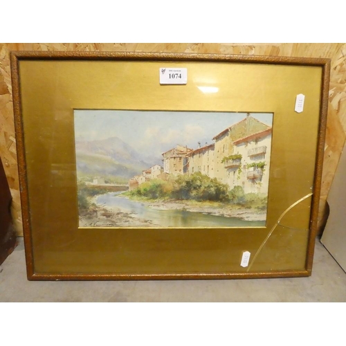 1074 - Framed Watercolour - Continental Scene, Indistinct Signature, approx 28 x 17cm.