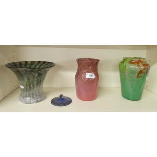 1089 - Three Monart Glass Vases (ALL AS FOUND) & Monart Powder Bowl lid.