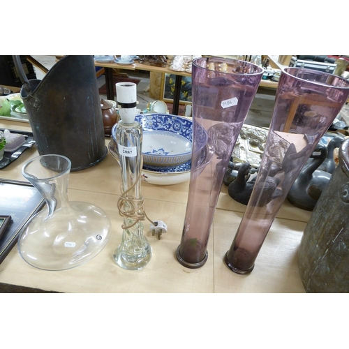 2087 - Strathearn Glass Table Lamp Base & Three Assorted Glass Vases.