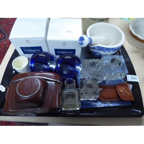 2094 - Tray Lot - Zeiss Icon Camera, Caithness Glass Paperweights, Mortar & Pestle etc.