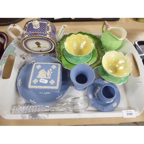 2103 - Tray Lot - Wedgwood Blue Jasperware, Queens Jubilee Teapot, Maling Dishes etc.