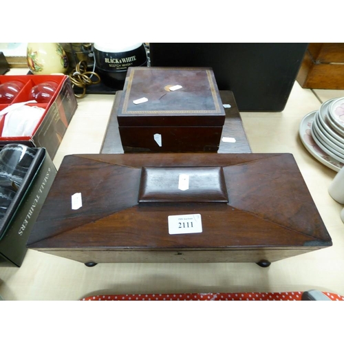 2111 - Victorian Rosewood Tea Caddy, Inlaid Mahogany Workbox & Oak Workbox.