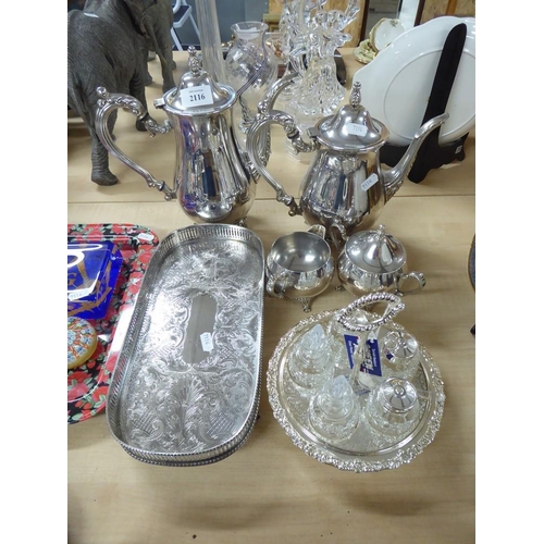 2116 - Modern Four Piece Silverplated Tea Service, Condiment Set & Gallery Tea Tray.