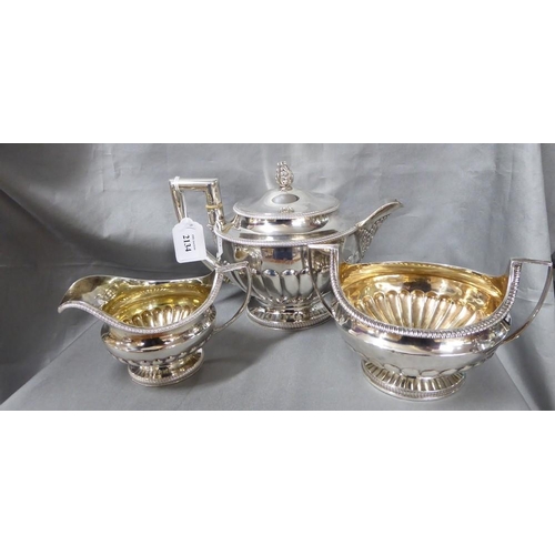 2134 - Georgian Antique London Silver Three Piece Semi-fluted Tea Service, gilded interiors on both sugar b... 