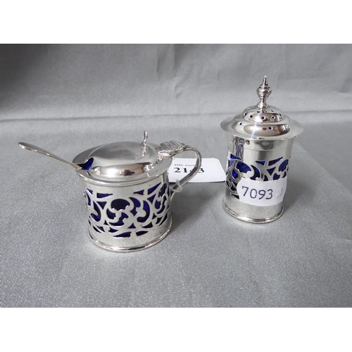 2143 - Birmingham Silver Condiments with Blue Glass Liners - 80g total weight.