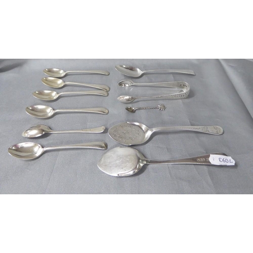 2166 - Box - Assorted Teaspoons, Sugar Tongs, etc approx 6.05oz troy.