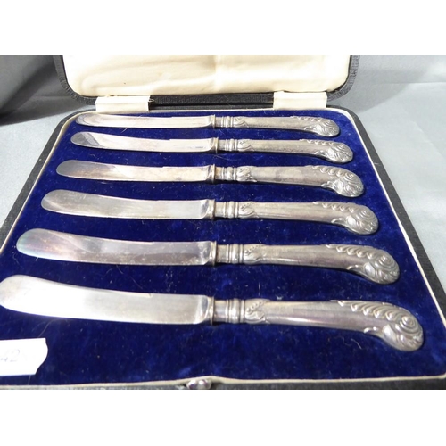 2170 - Cased Set of Six Sheffield Silver Mounted Afternoon Tea Knives with Pistol Handles.