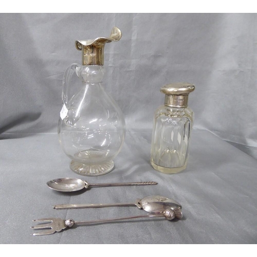 2173 - Pair of Silver Golf Club Spoons, Chester Silver Butter Fork, London Silver Mounted Scent Bottle (imp... 