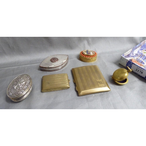 2178 - Tray Lot - Gold Plated Cigarette Case, Sovereign Case, White Metal Snuff Box etc.